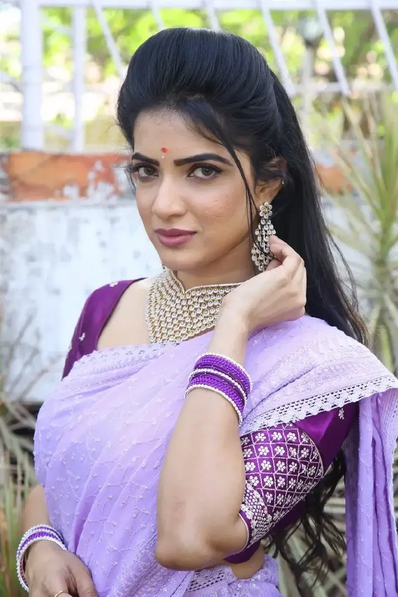 AAYUSHI PATEL IN VIOLET SAREE AT RAAMAA CREATIONS AND NANI MOVIE OPENING